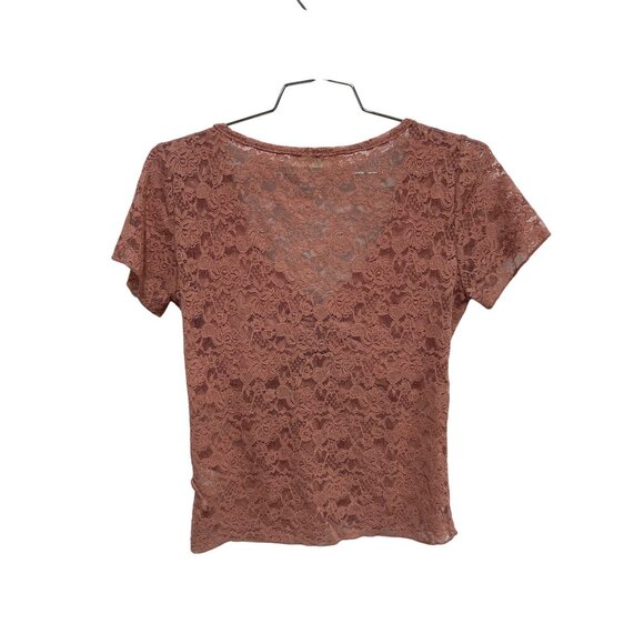 Wild Love Lace Top Size Medium Babydoll Short Sleeve Tie V Neck Floral Short - Picture 2 of 6